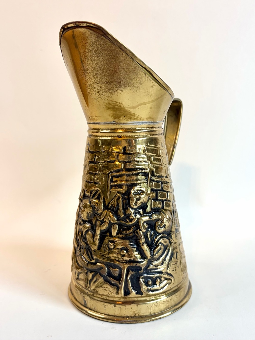 Vintage Made in England Brass Embossed Pitcher Medieval Scene